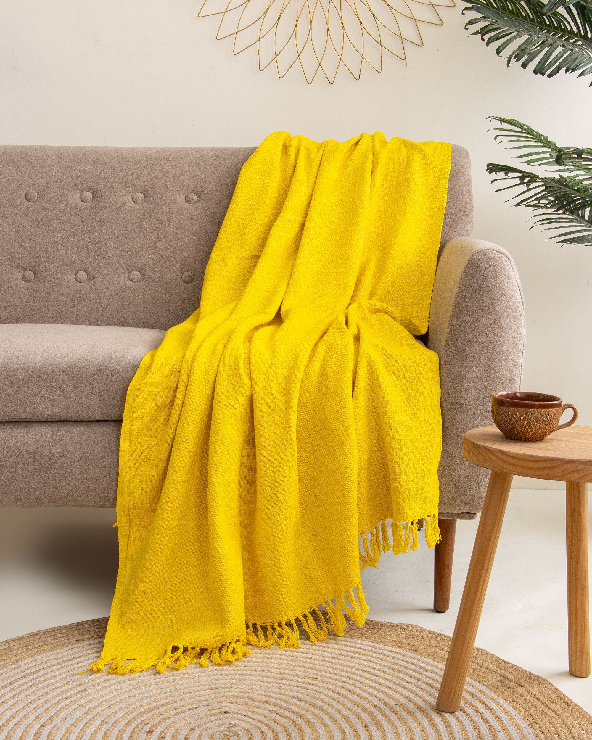 Solid Yellow Light Weighted Pure Cotton Handcrafted Indian Throw for Sofa
