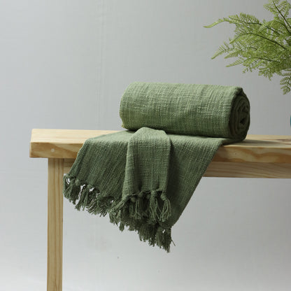 Indian Solid Green Handcrafted Pure Cotton Throw Blanket for Travelling