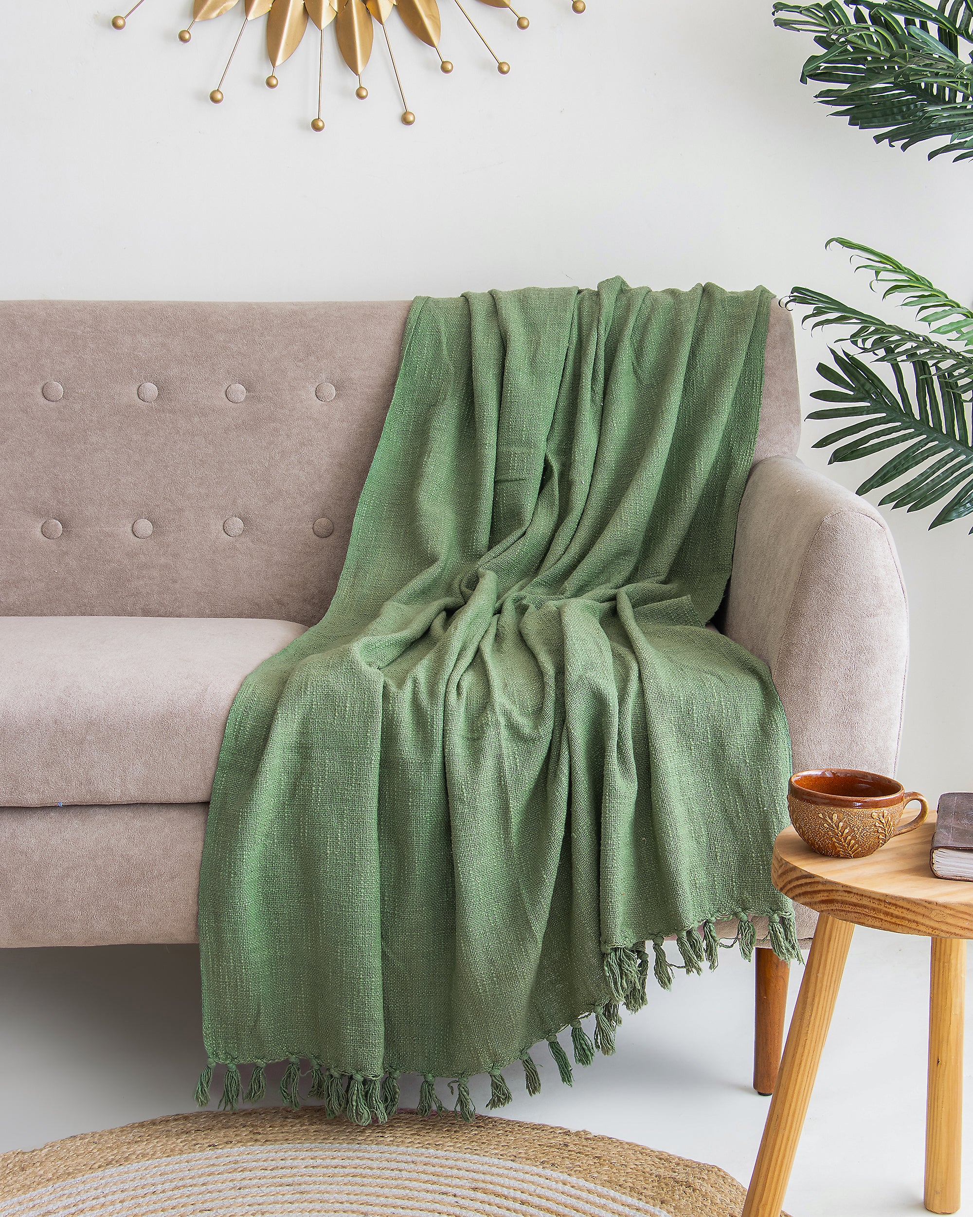 Indian Solid Green Handcrafted Pure Cotton Throw Blanket for Travelling