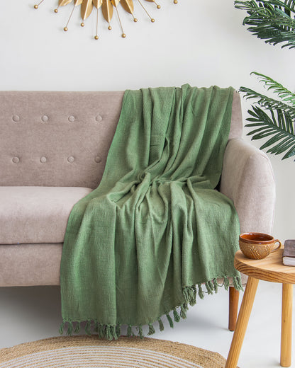 Indian Solid Green Handcrafted Pure Cotton Throw Blanket for Travelling