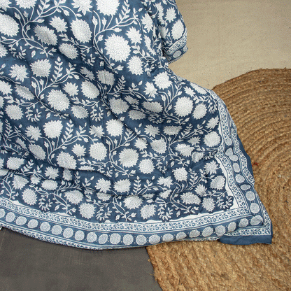 Floral Print Soft Cotton Blue Duvet Cover &amp; Shams
