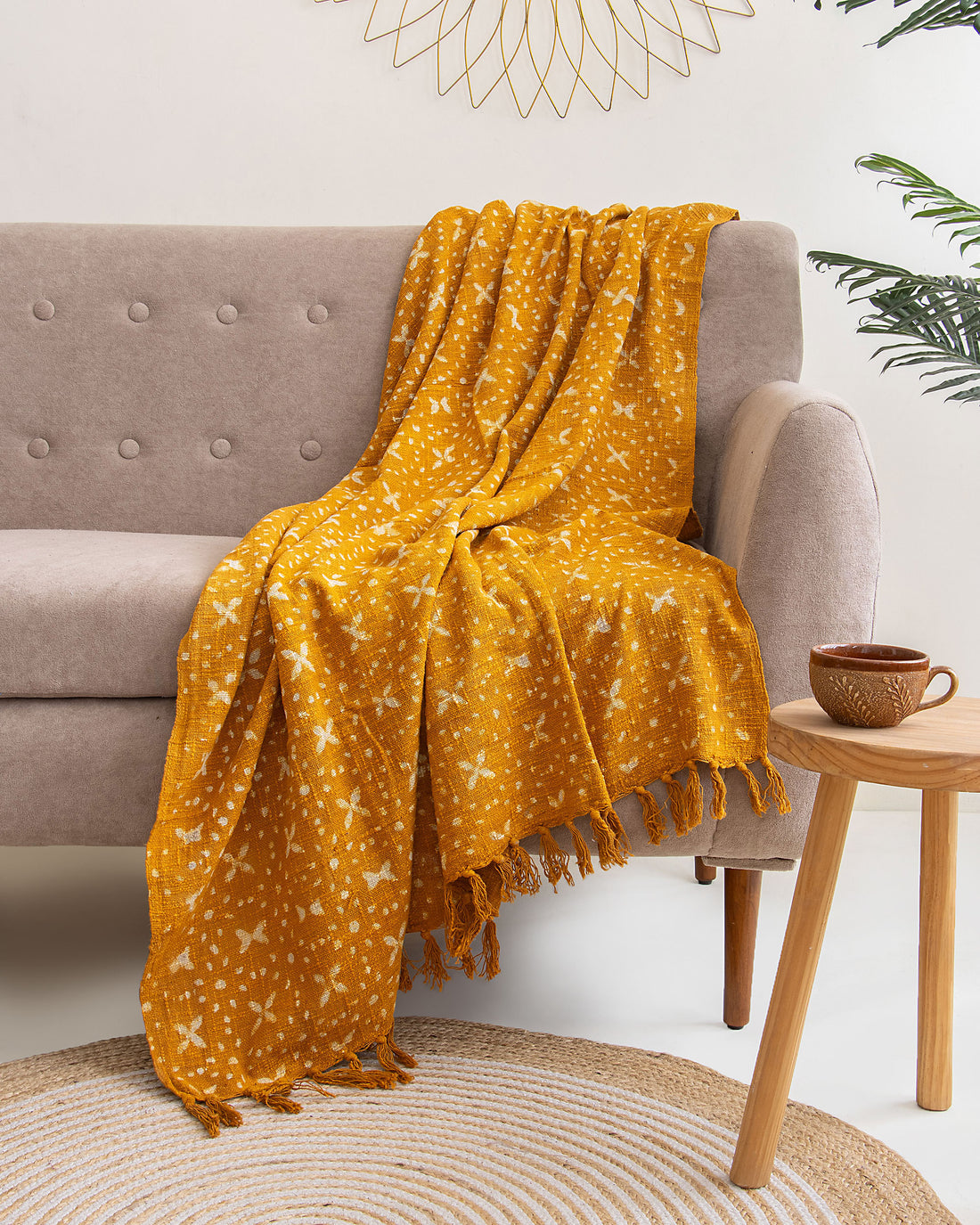 Eco Friendly Yellow Floral Indian Handmade Block Printed Pure Cotton Throw Blankets