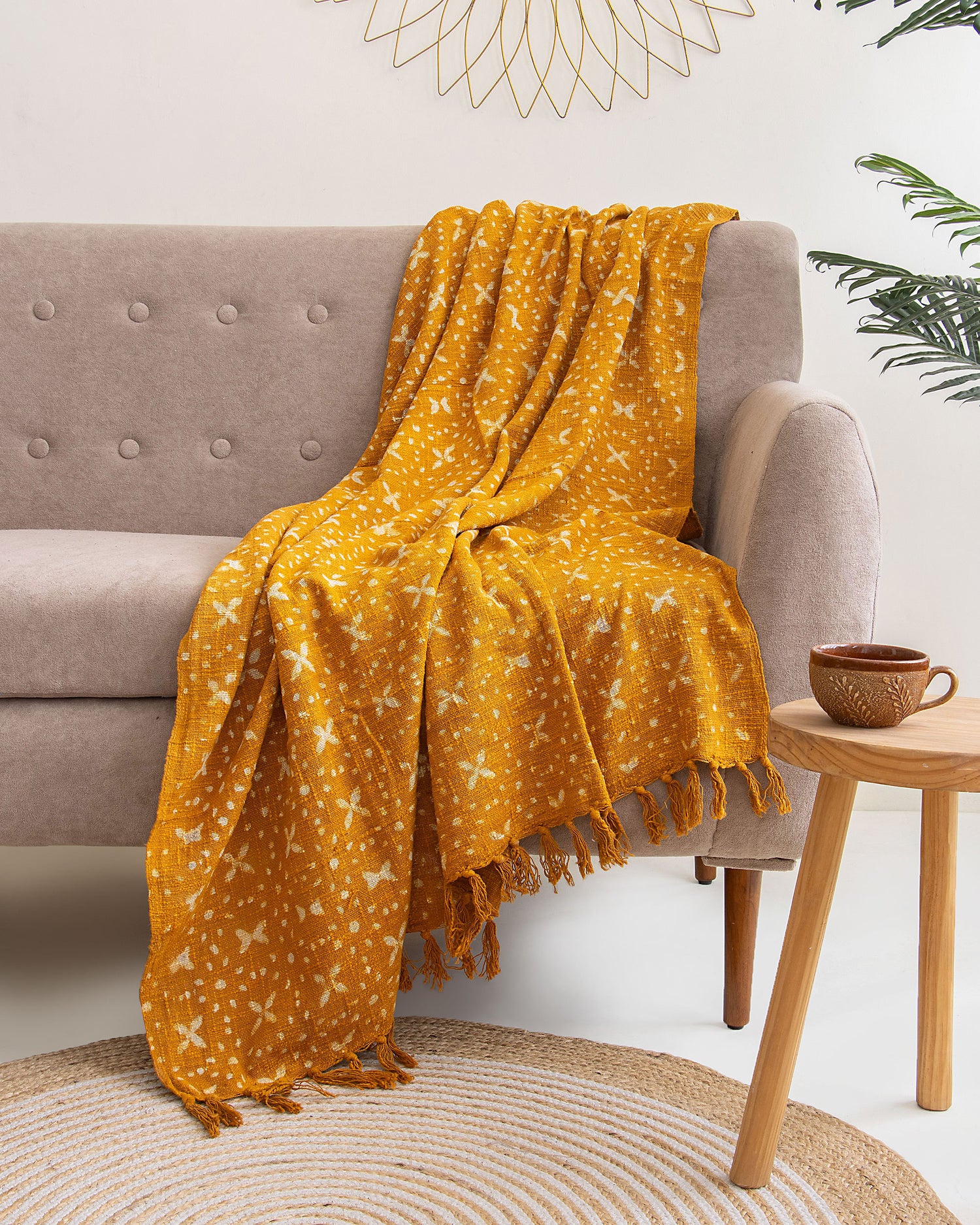 Eco Friendly Yellow Floral Indian Handmade Block Printed Pure Cotton Throw Blankets