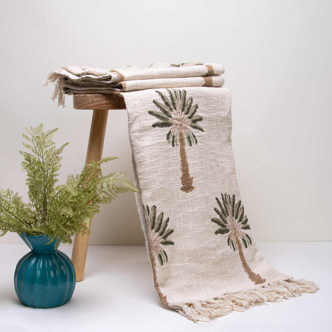 Organic Green Palm Tree Indian Block Printed Cotton Throw Blanket for Chair