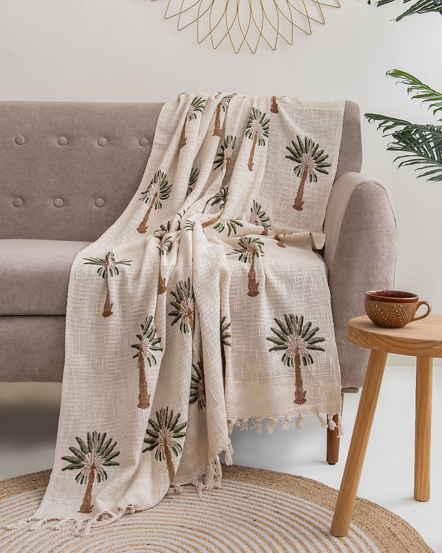 Organic Green Palm Tree Indian Block Printed Cotton Throw Blanket for Sofa
