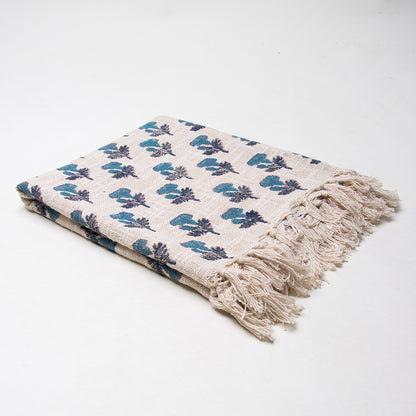 Decorative Blue Floral Indian Block Printed Cotton Throw Blanket for Travel