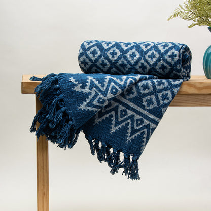 Newly Hand Block Design Blue Throw Blanket For Living Room