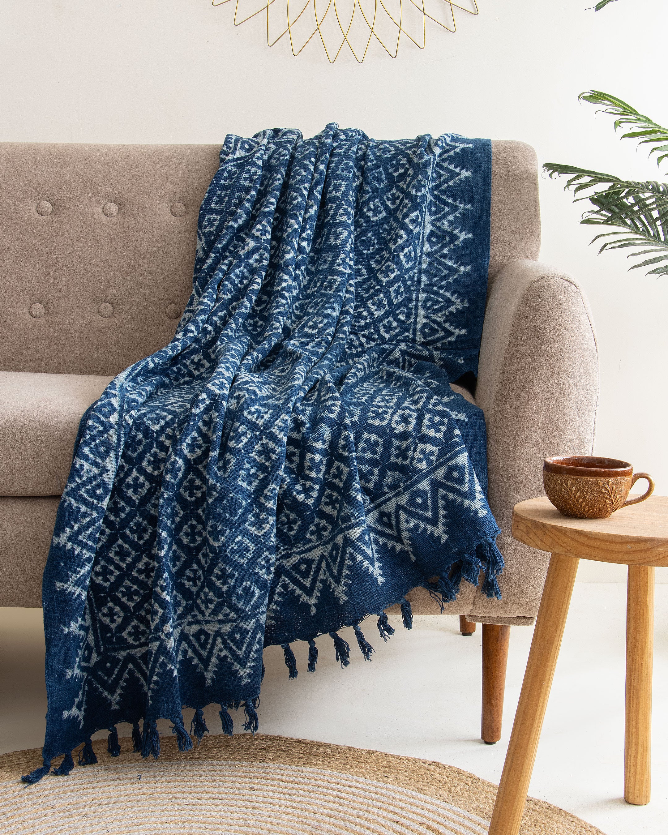 Newly Hand Block Design Blue Throw Blanket For Living Room
