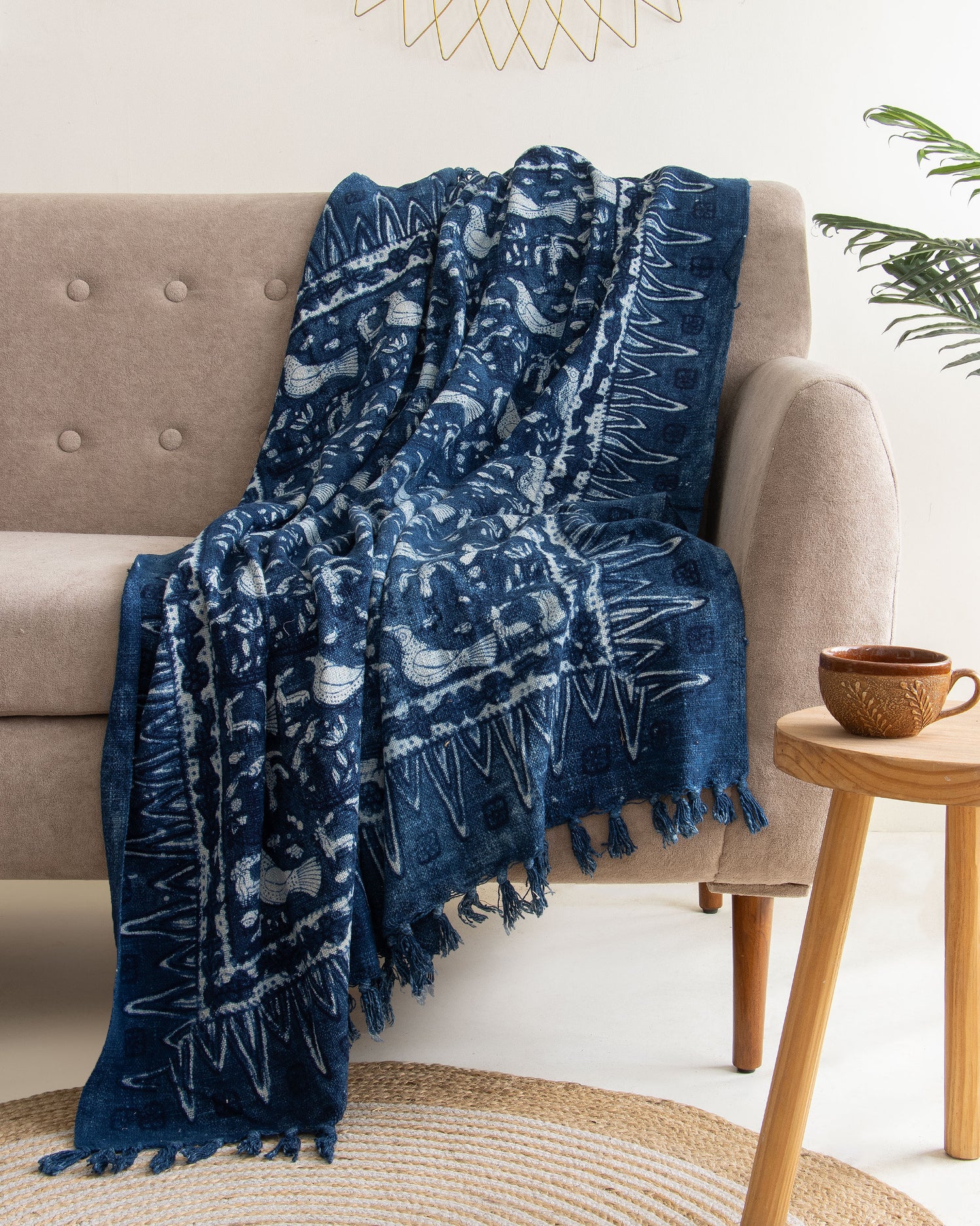 Home Decor Hand Block Bird Neutral Throw Blanket