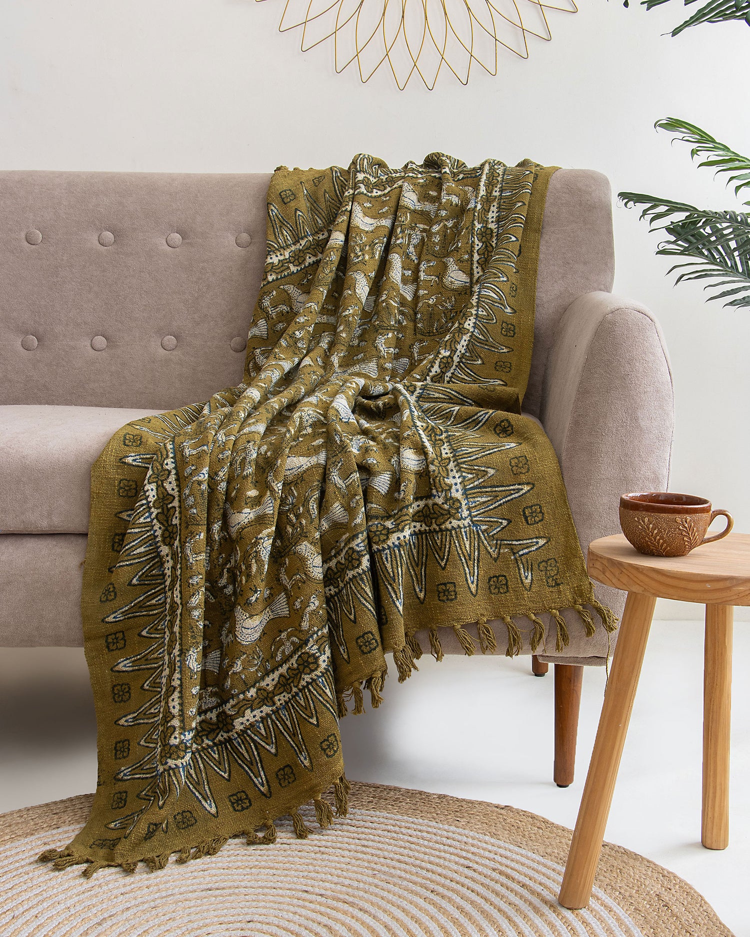 Brown Bird Hand Block Print Throw Blankets For Couch Online