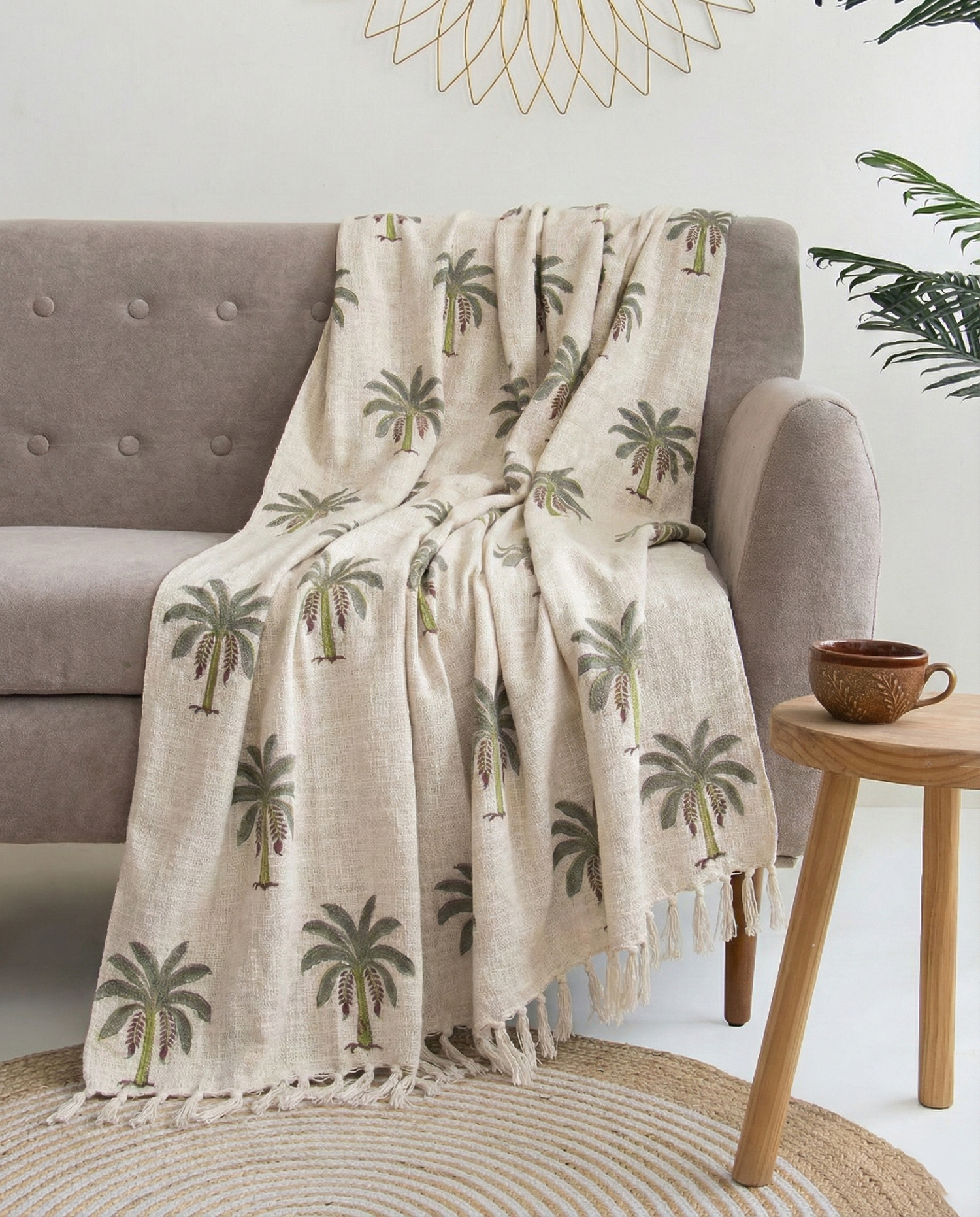 Palm Tree Hand Block Print Cotton Throw Blanket - Olive Green &amp; Beige