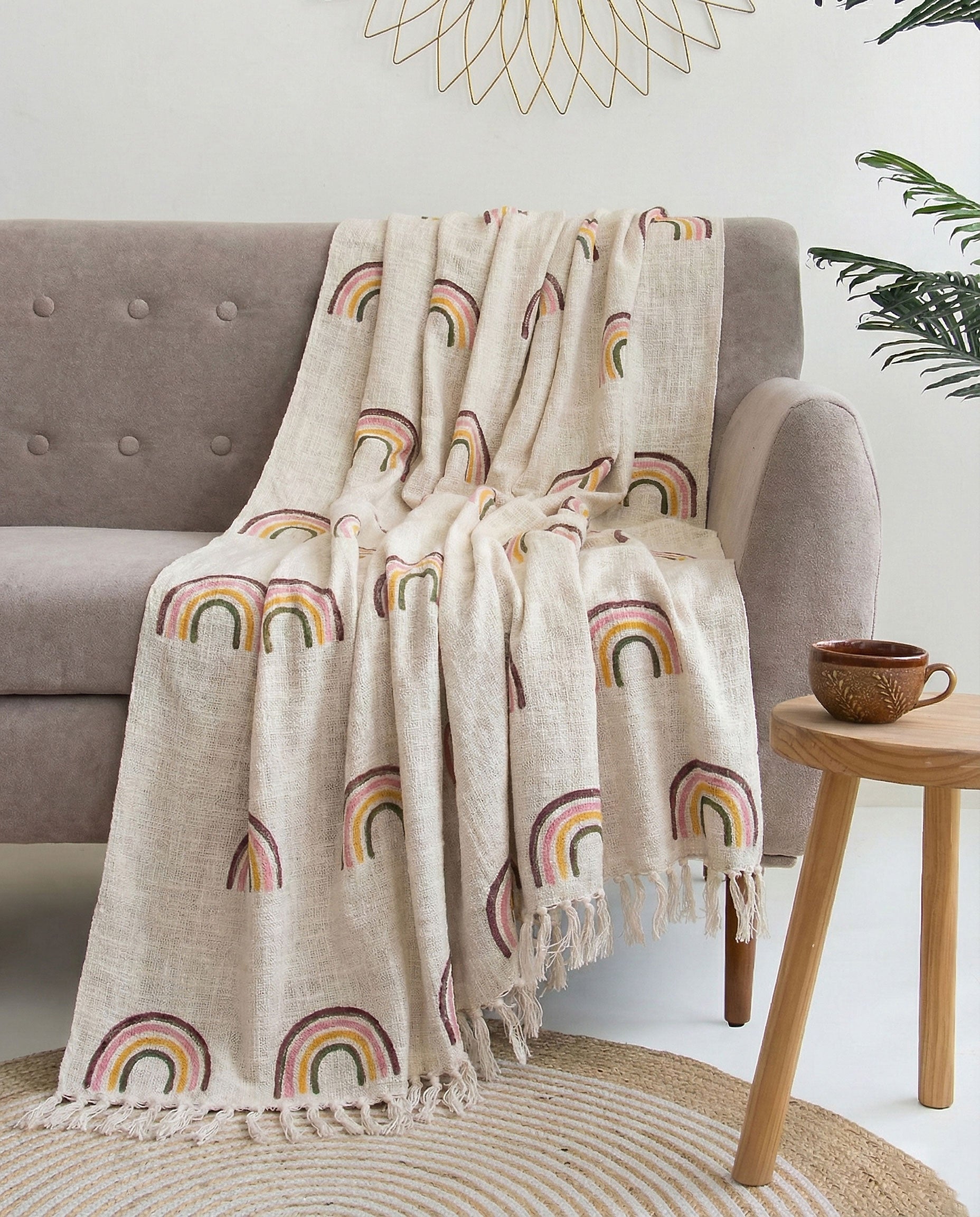 Nursery Rainbow Cotton Block Printed Throw Blanket