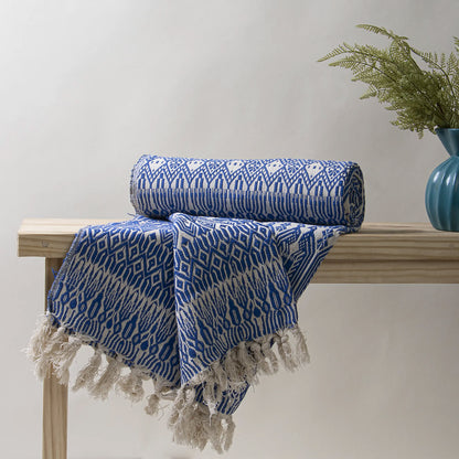 Cotton woven handmade Boho tasseled throw blue color blanket