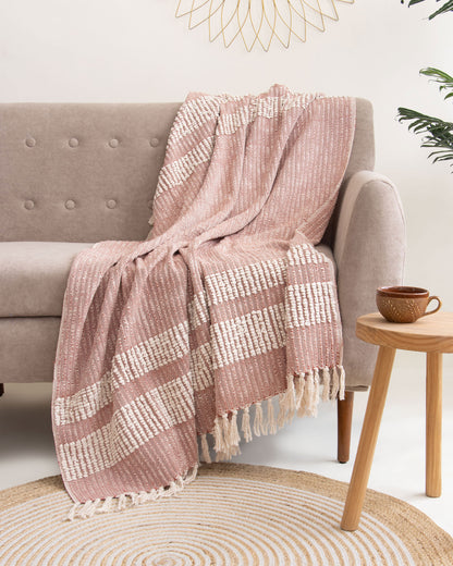 Pink Striped Hand Woven Throw Blanket for Bed