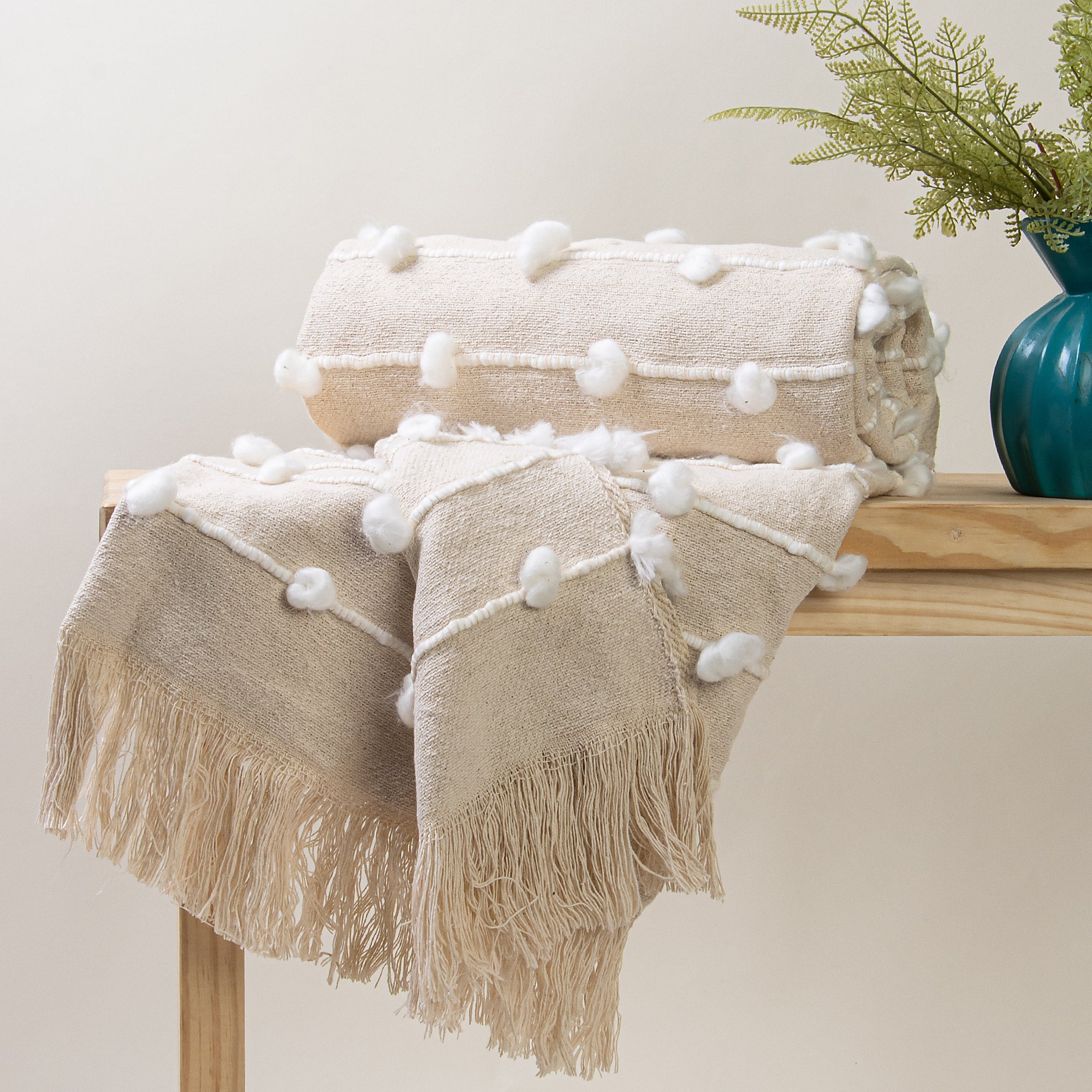 Stunning Cream Color Handmade Pure Cotton Self Designed Woven Throw Blankets