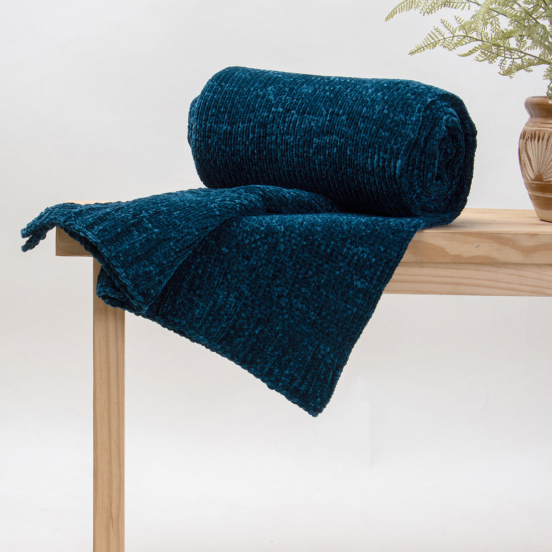 Blue Throw Blanket Hand-Knitted Soft Cotton For Decor Couch