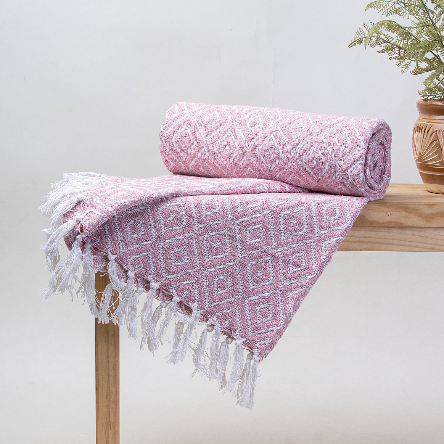 Pink Harlequin Shape Reversible Pure Cotton Tufted Sofa Throw