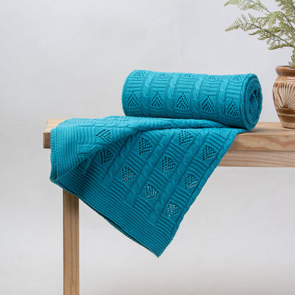 Cyan color Reversible Soft Cotton Tufted Sofa Blanket Throw