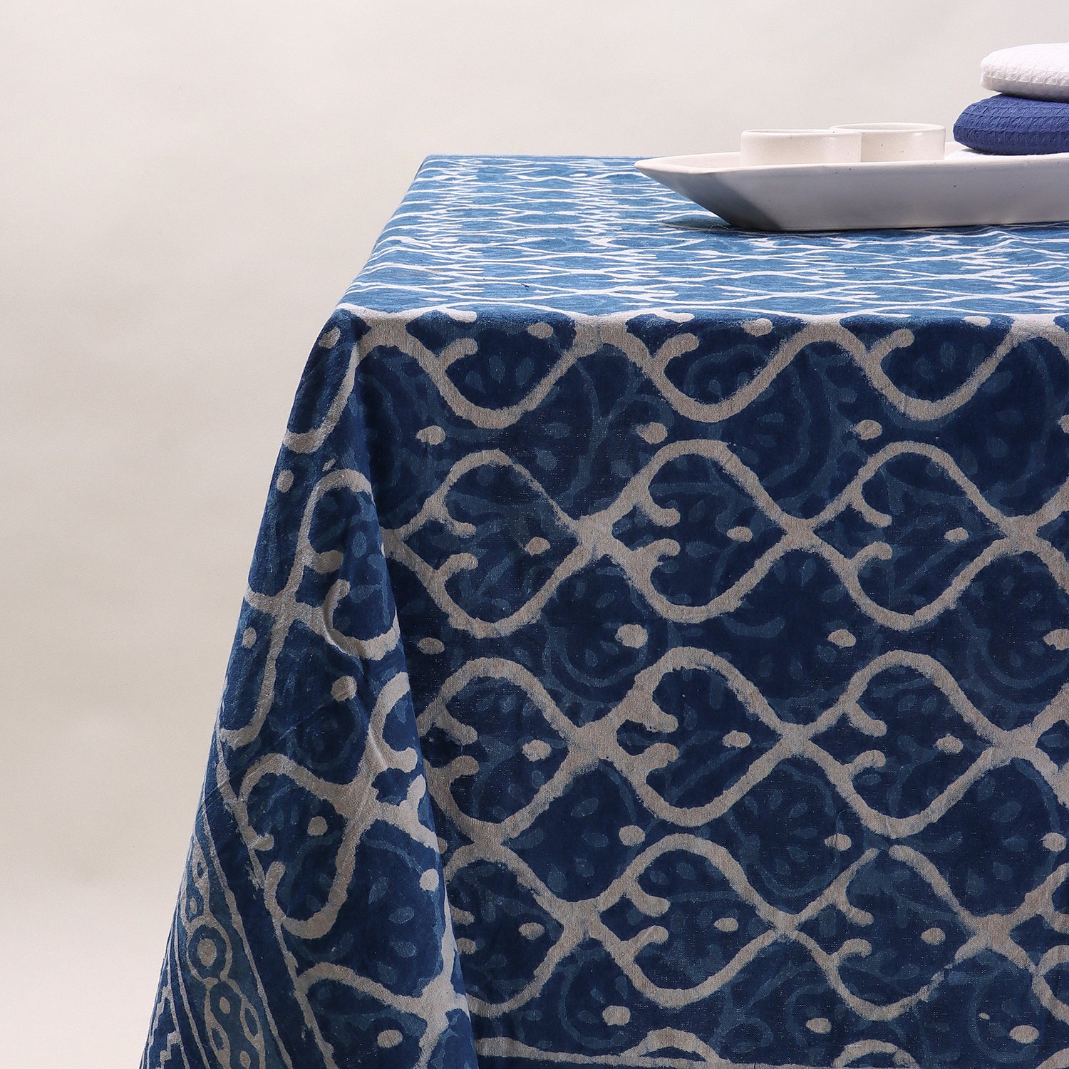 Blue Block Printed Heart Shape Dabu Cotton Dining Room Table Cover
