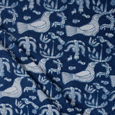 Bird Print Indigo Kantha Fabric for Blanket & Home Decor