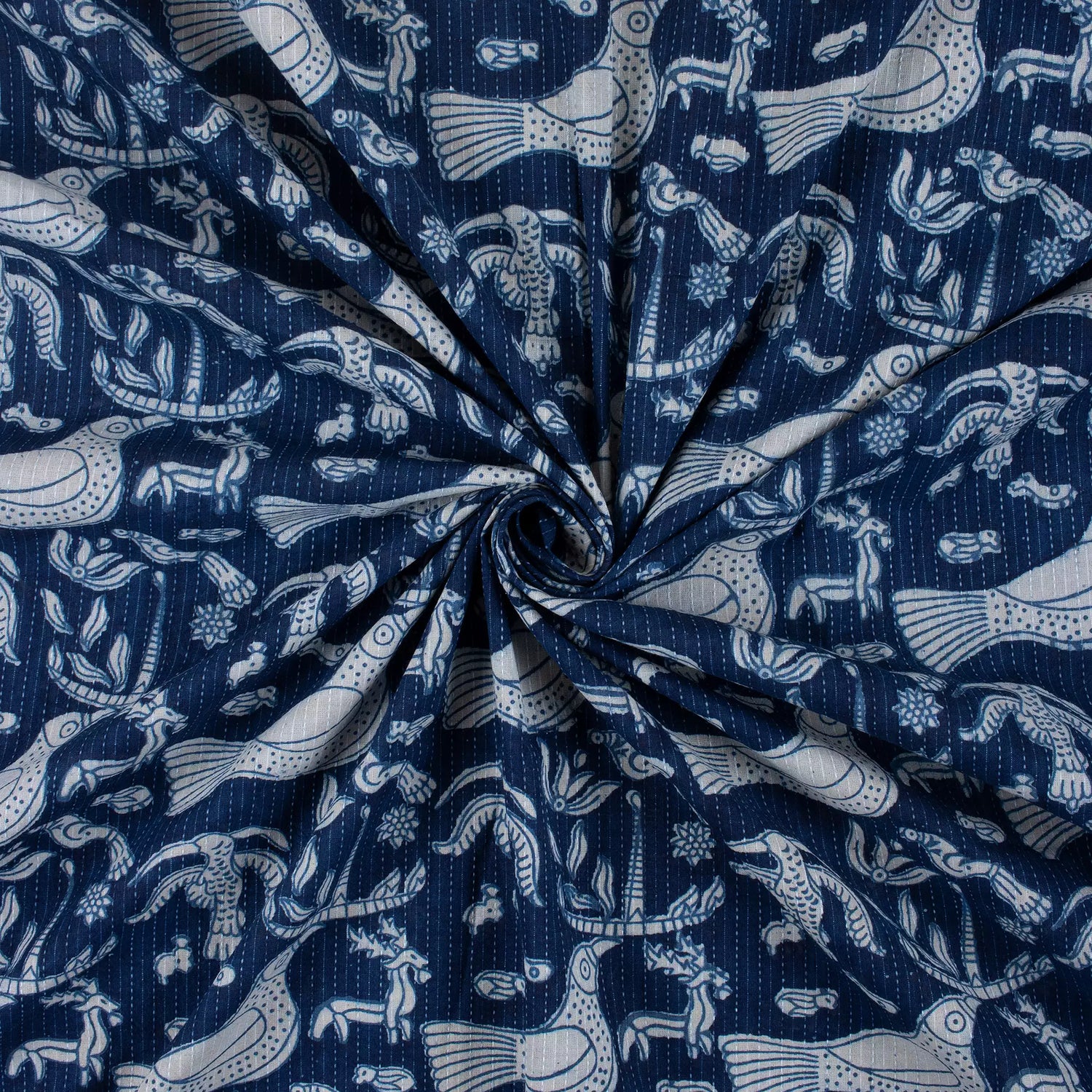 Bird Print Indigo Kantha Fabric for Blanket &amp; Home Decor