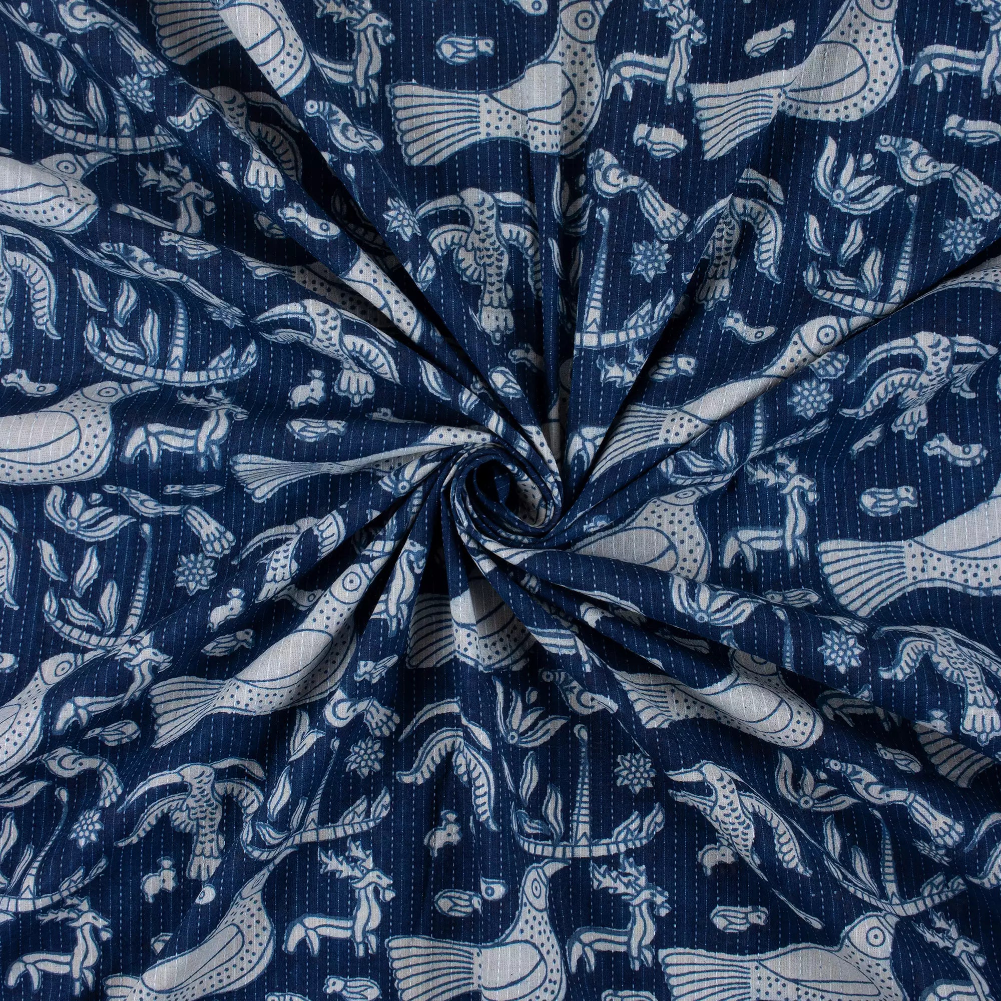 Bird Print Indigo Kantha Fabric for Blanket &amp; Home Decor