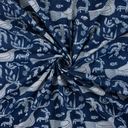 Bird Print Indigo Kantha Fabric for Blanket &amp; Home Decor