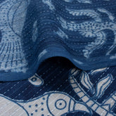 Bird Print Indigo Kantha Fabric for Blanket & Home Decor