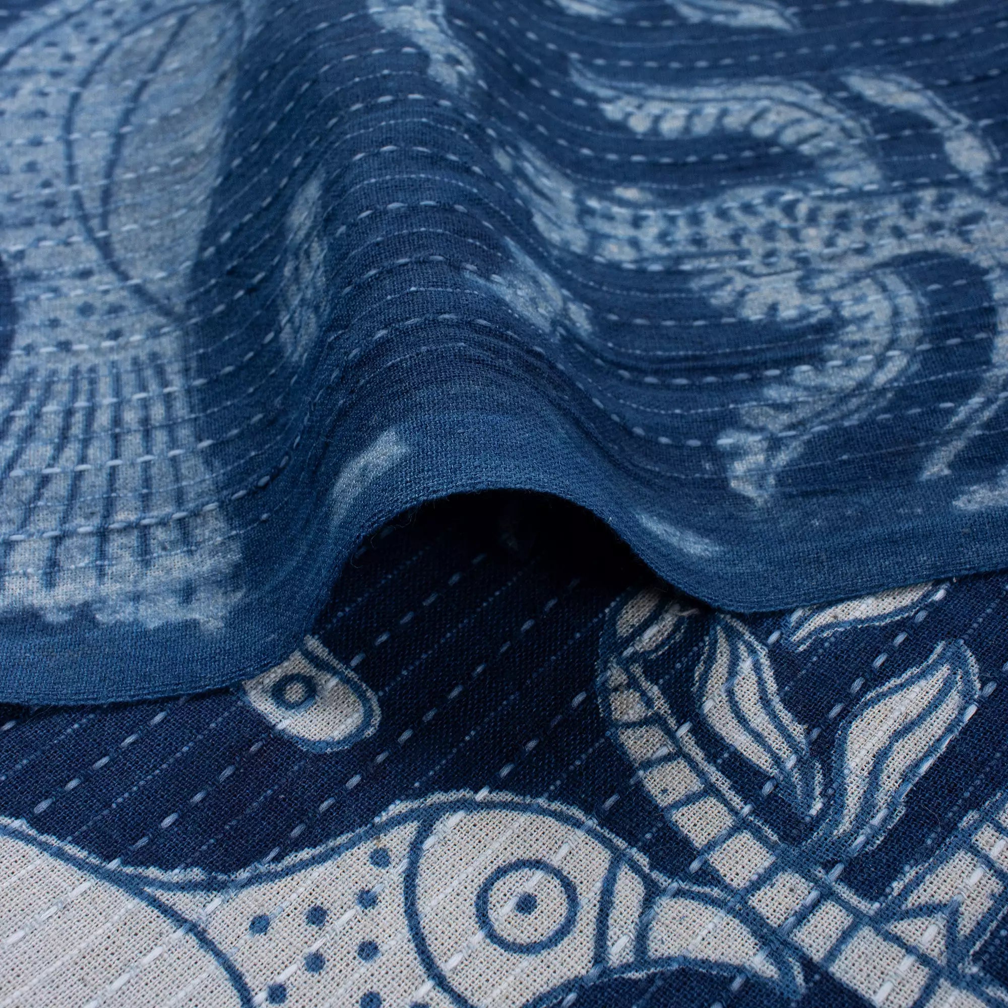 Bird Print Indigo Kantha Fabric for Blanket &amp; Home Decor