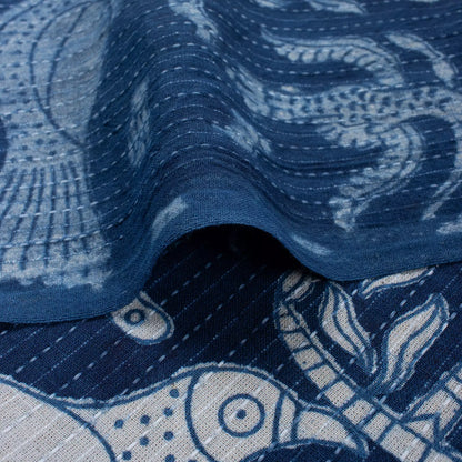 Bird Print Indigo Kantha Fabric for Blanket &amp; Home Decor