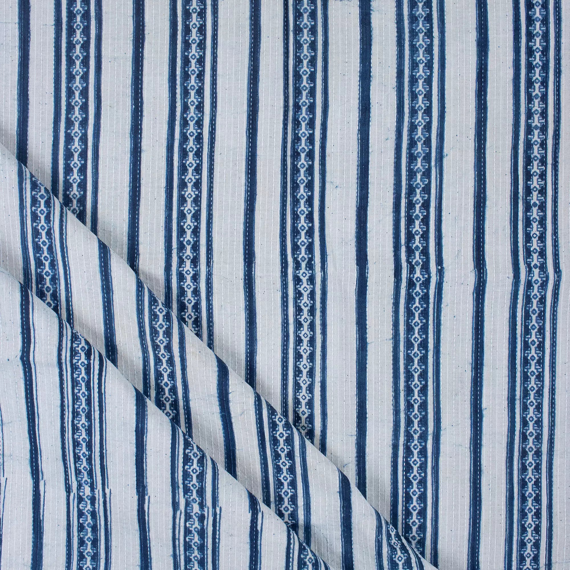 Buy Blue Stripe Hand Block Printed 100% Cotton Fabric