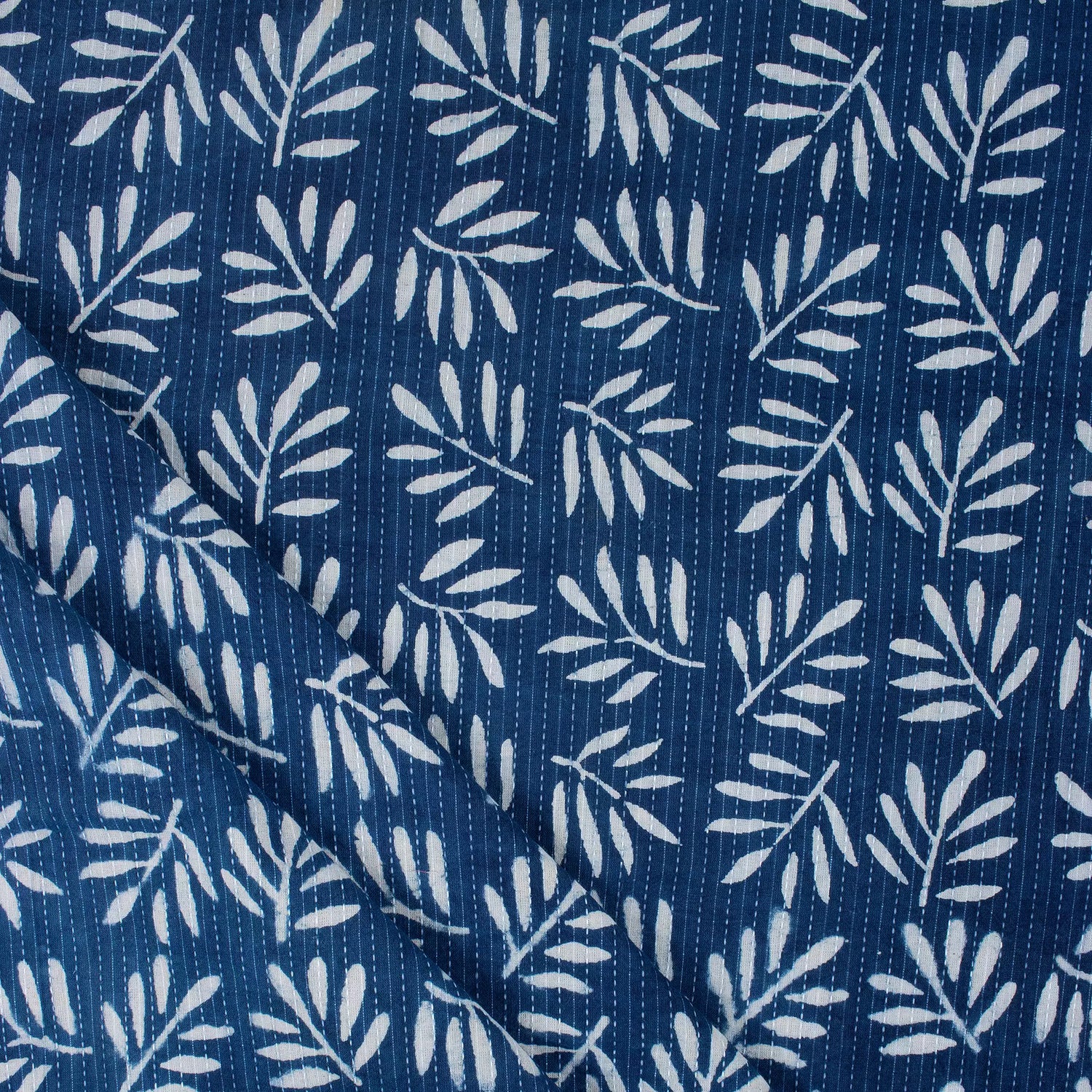 Indigo Leaf Print Cotton Kantha Fabric