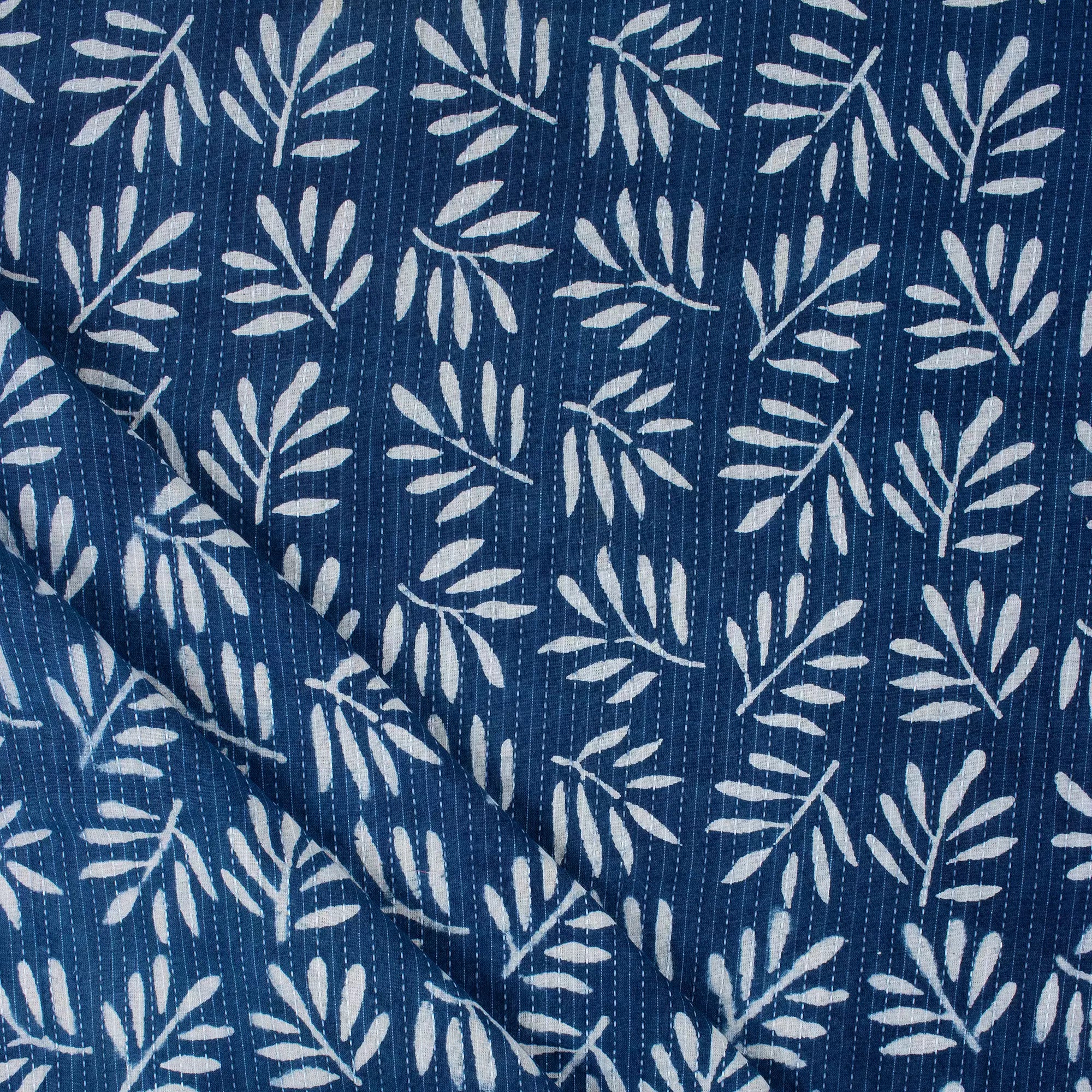 Indigo Leaf Print Cotton Kantha Fabric