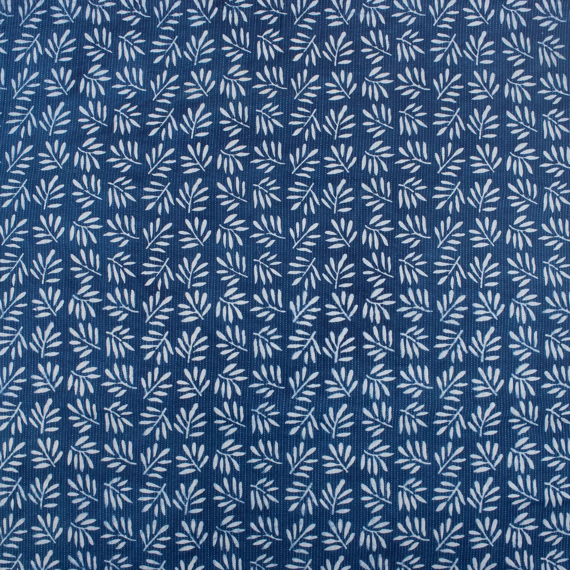 Indigo Leaf Print Cotton Kantha Fabric