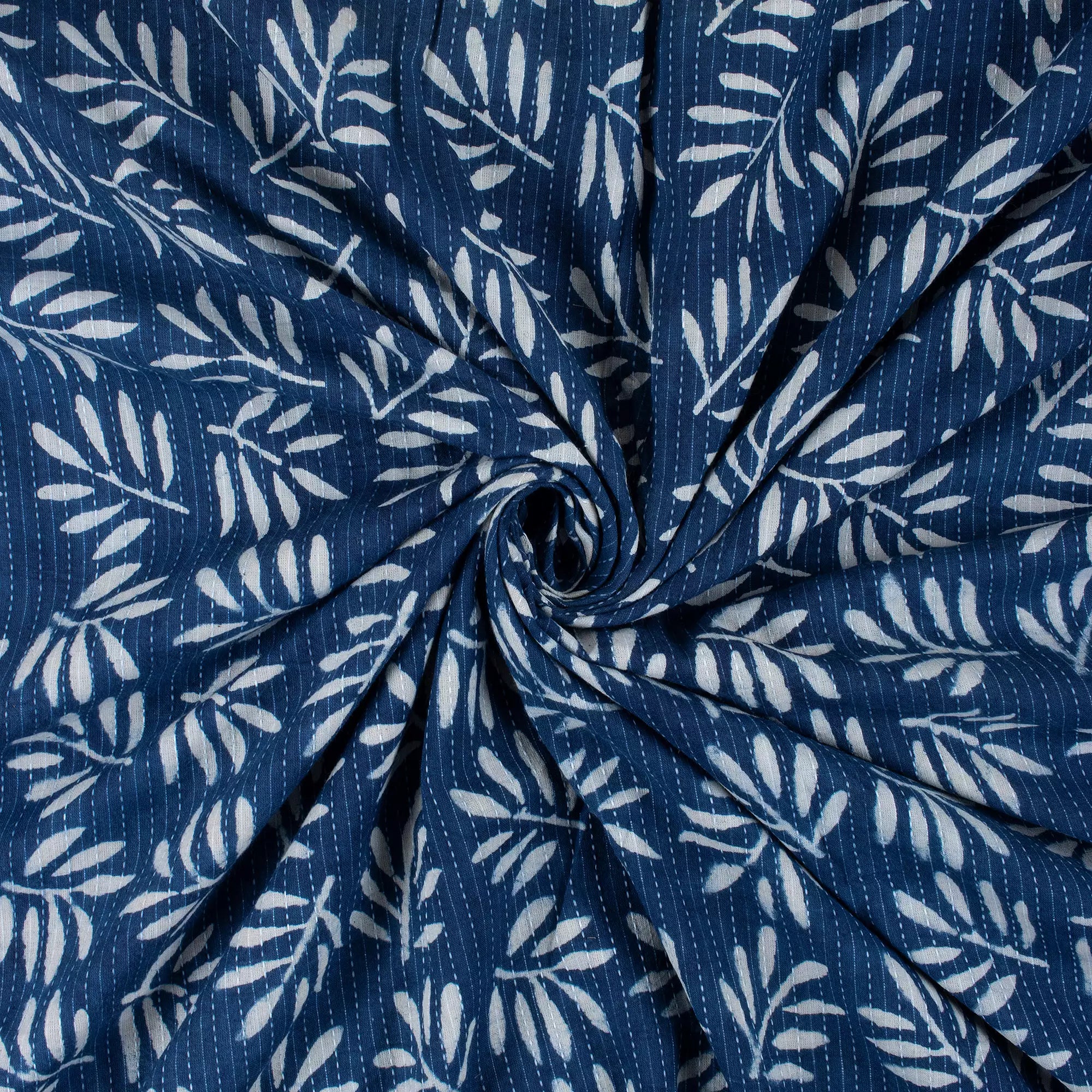 Indigo Leaf Print Cotton Kantha Fabric