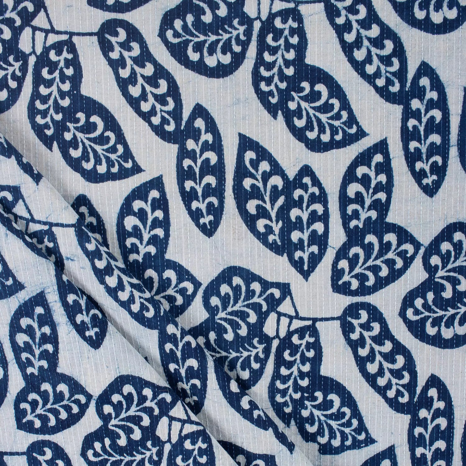 Indigo Hand Block Printed Cotton Kantha Fabric by the Yard