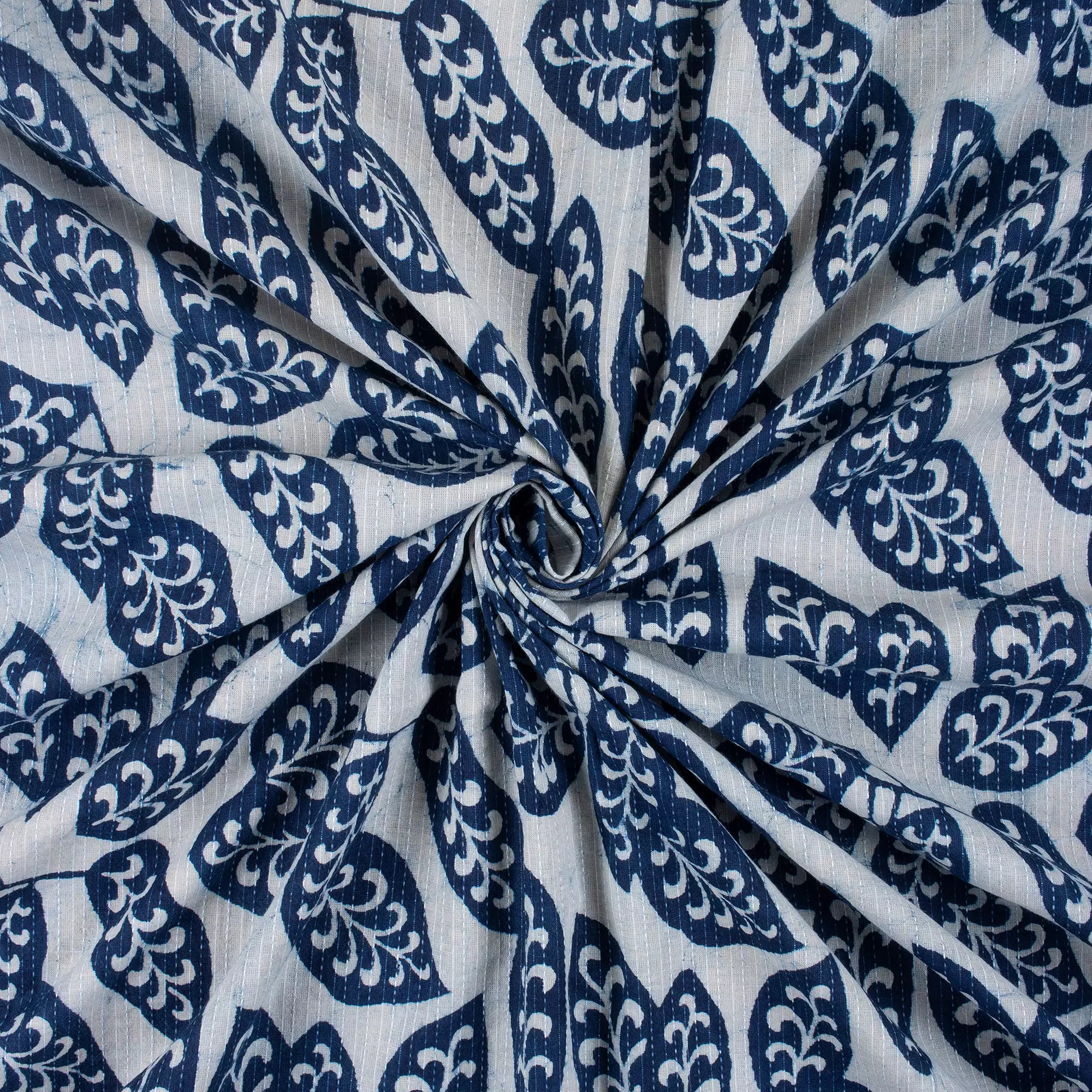Indigo Hand Block Printed Cotton Kantha Fabric by the Yard