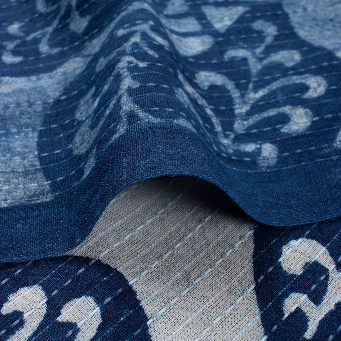Indigo Hand Block Printed Cotton Kantha Fabric by the Yard