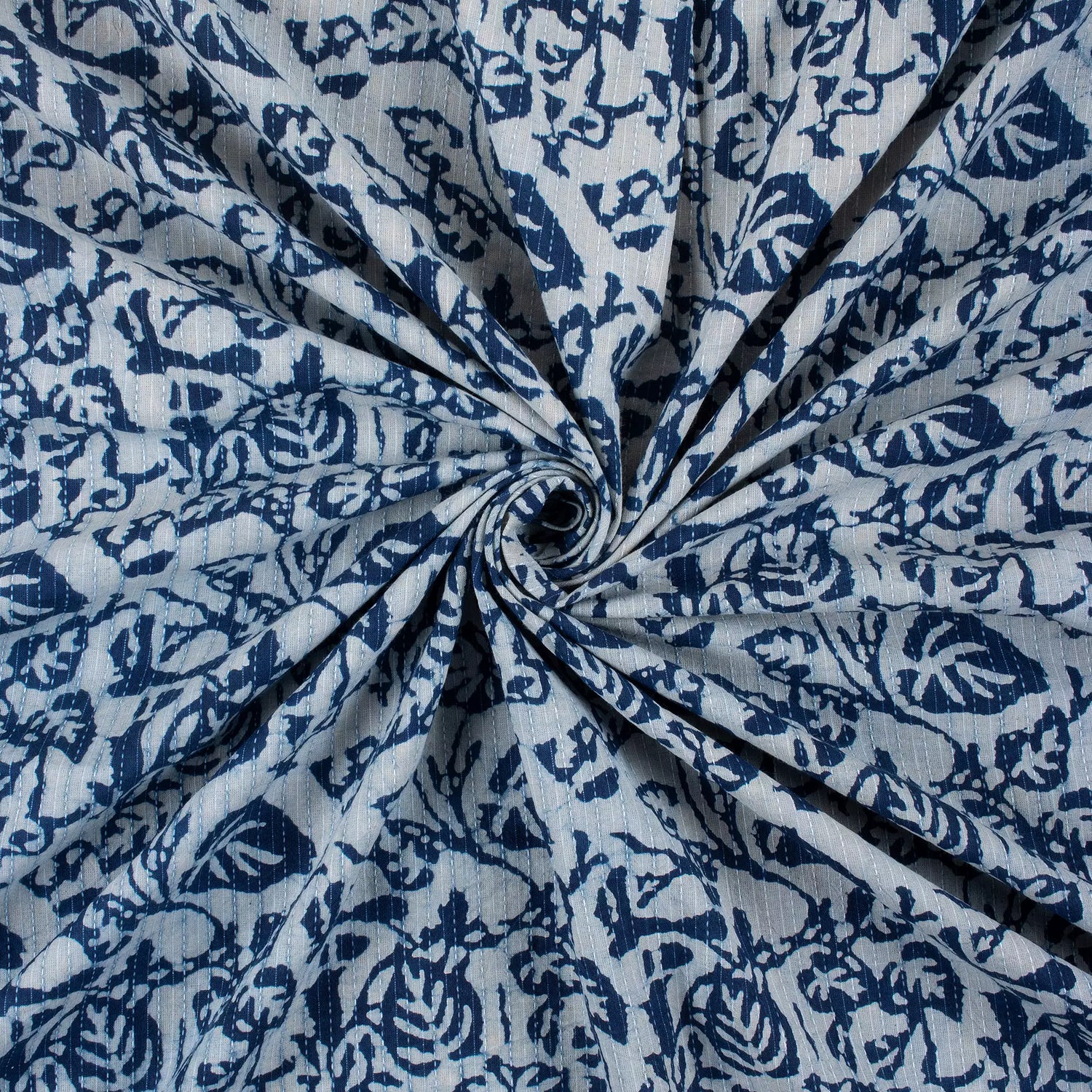 Handmade Indigo Leaf Print Cotton Kantha Fabric