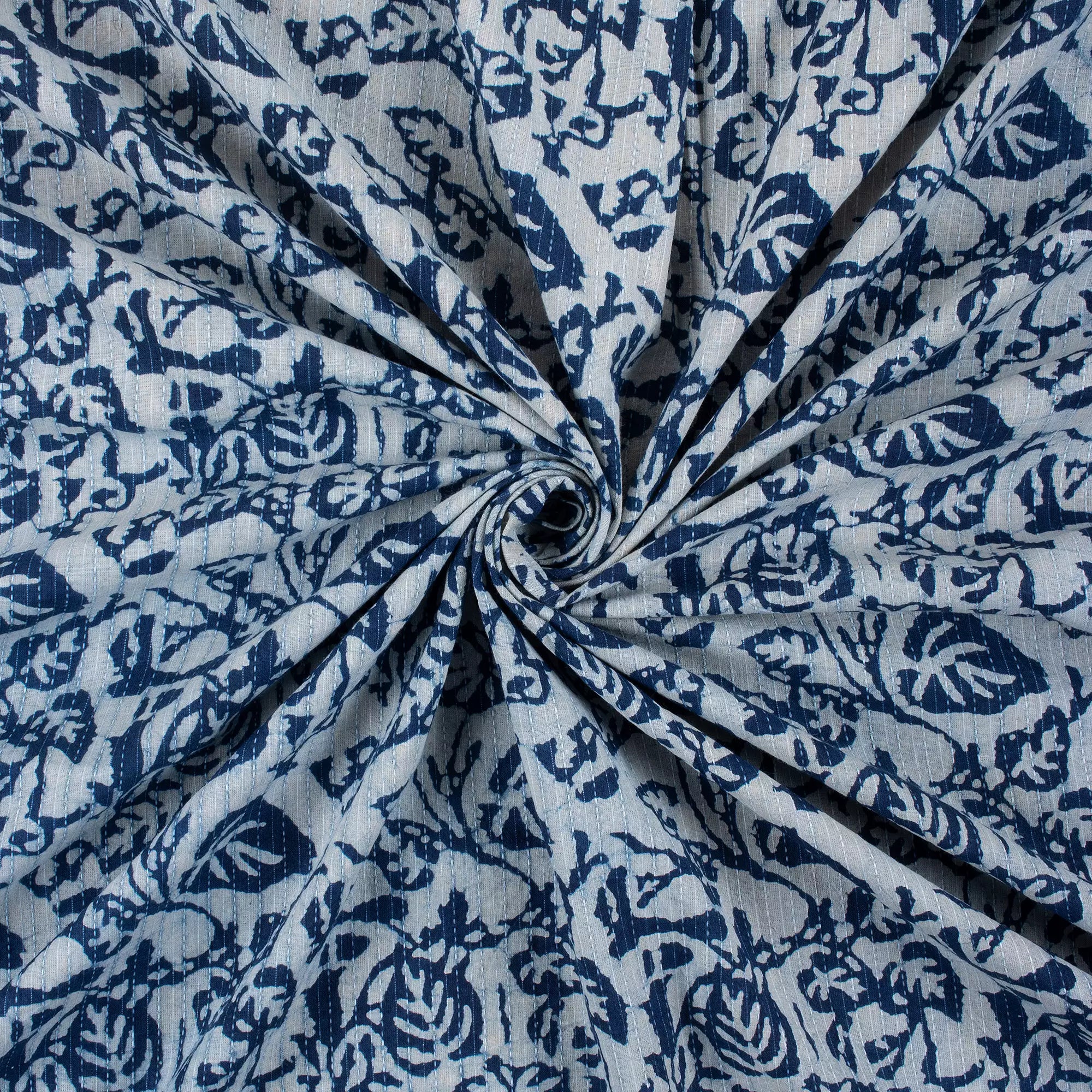 Handmade Indigo Leaf Print Cotton Kantha Fabric