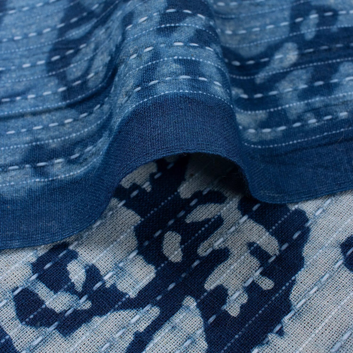 Handmade Indigo Leaf Print Cotton Kantha Fabric