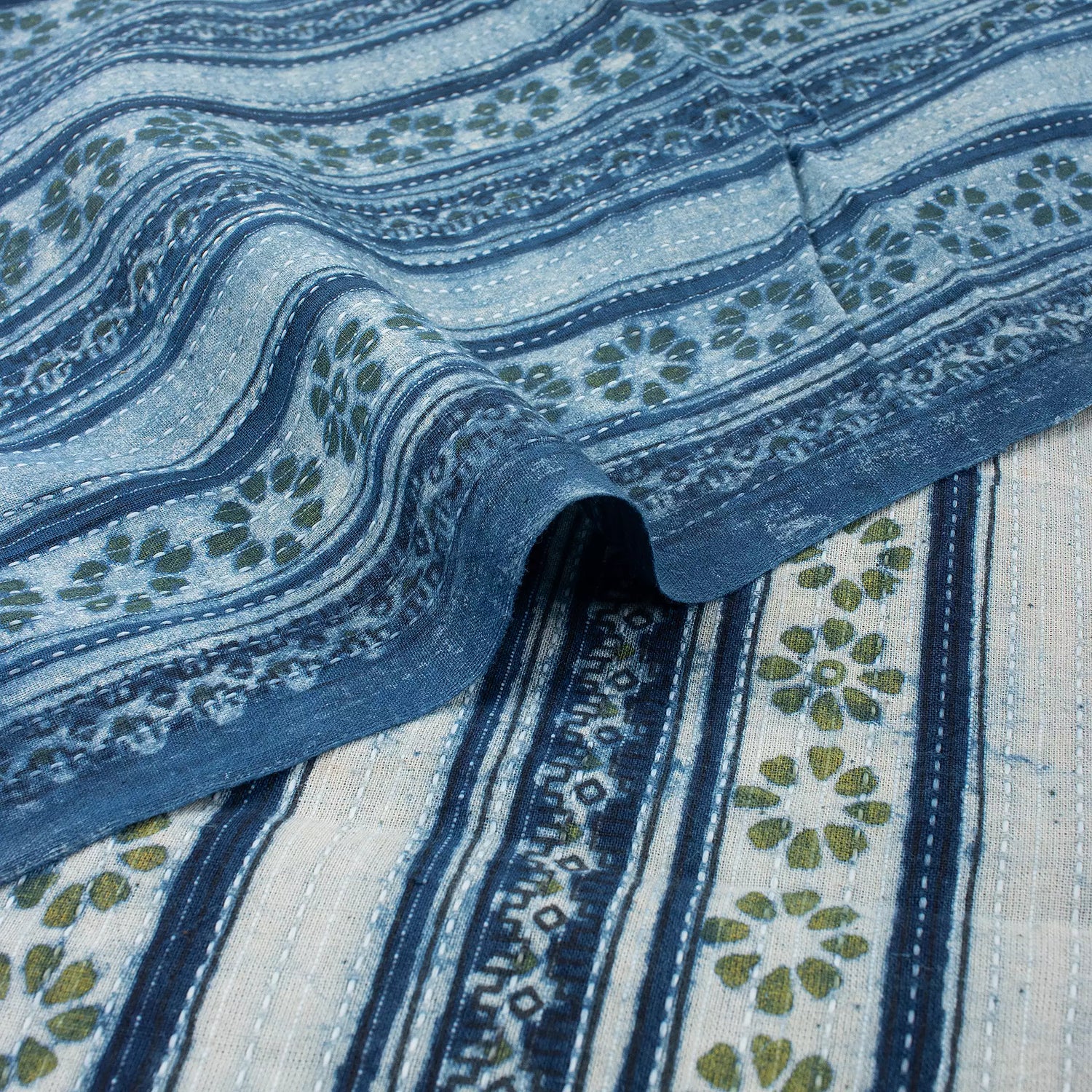 Indigo Block Printed Cotton Kantha Fabric