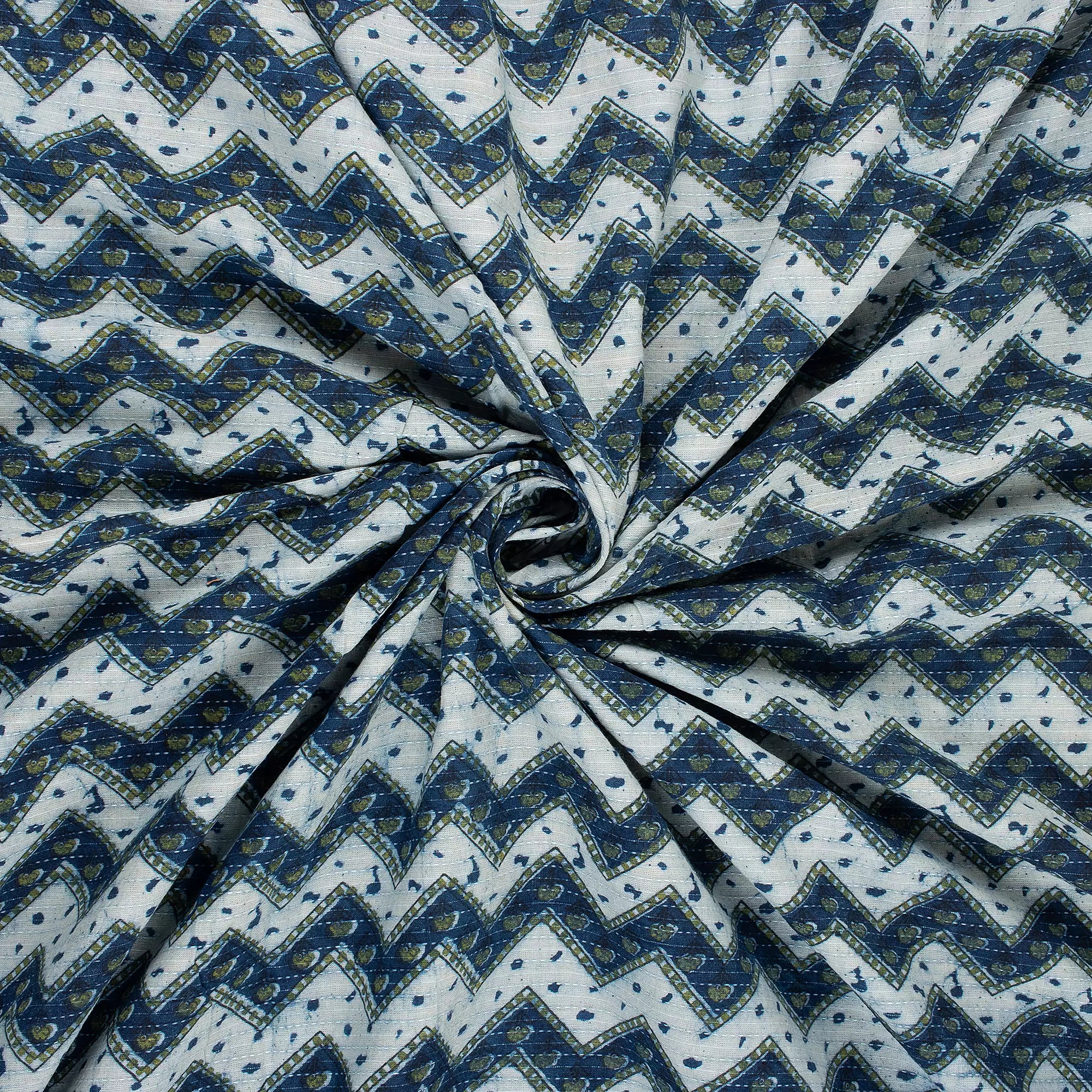 Zig Zag Block Printed Kantha Fabric