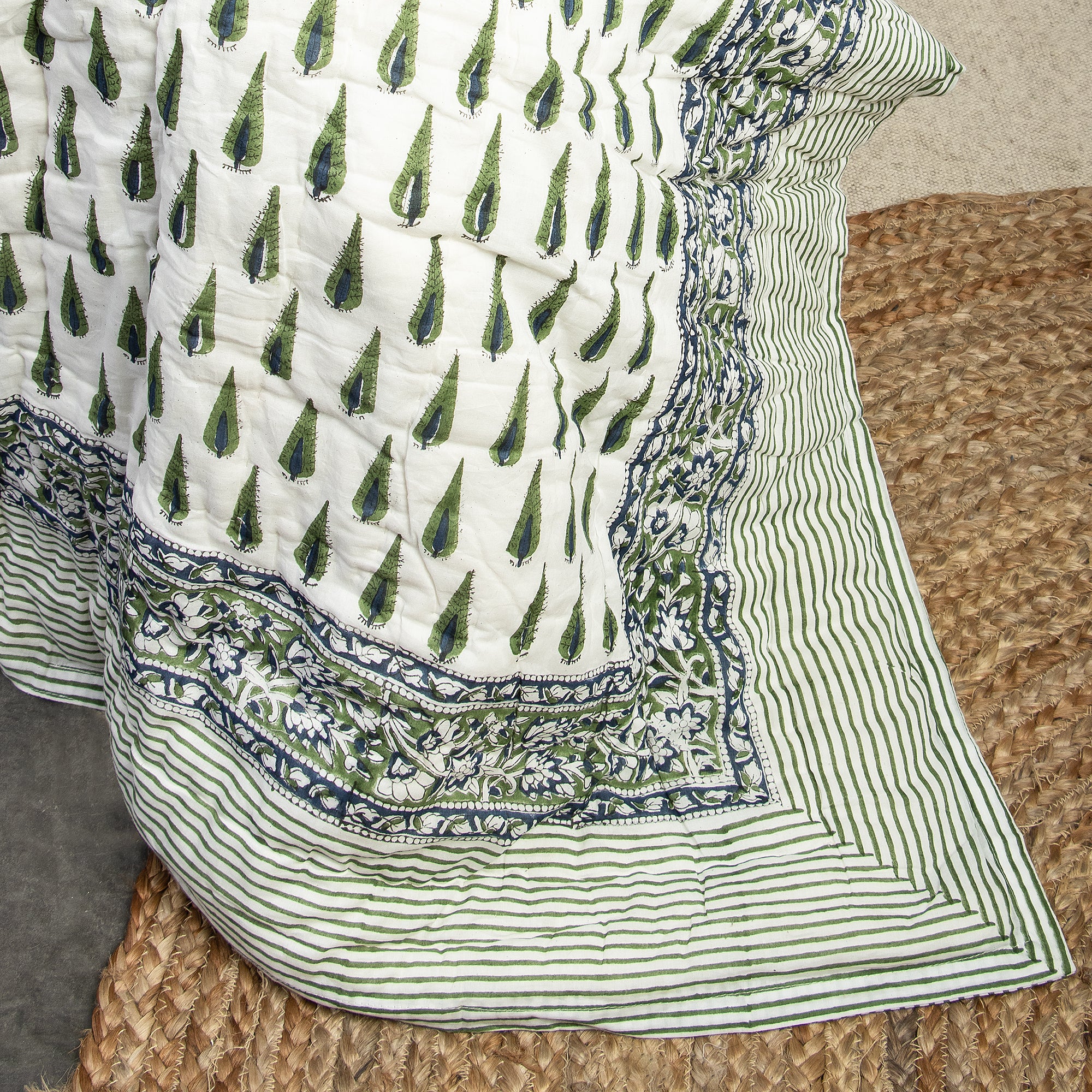 Green Leaf Sanganeri Print Jaipuri Comforters