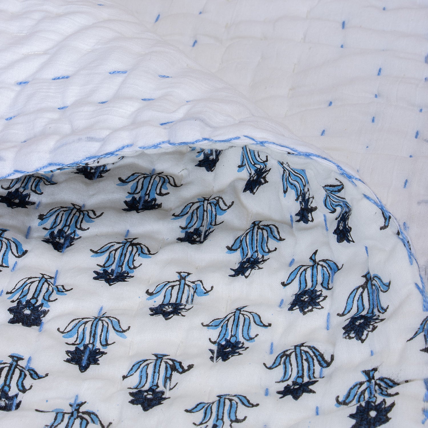 Blue Floral Print Cotton Reversible Quilts for Kids