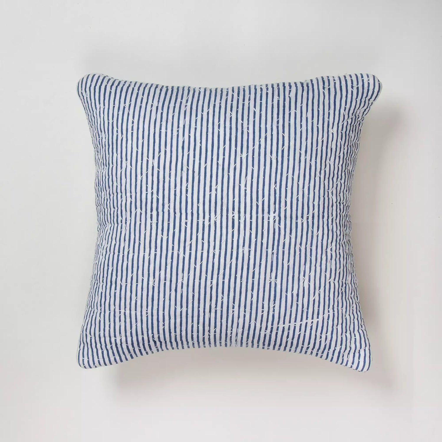 Blue Stripe Kantha Stitched Cotton Cushion Cover