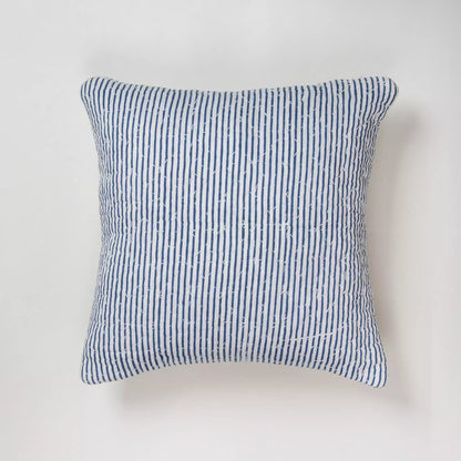 Blue Stripe Kantha Stitched Cotton Cushion Cover