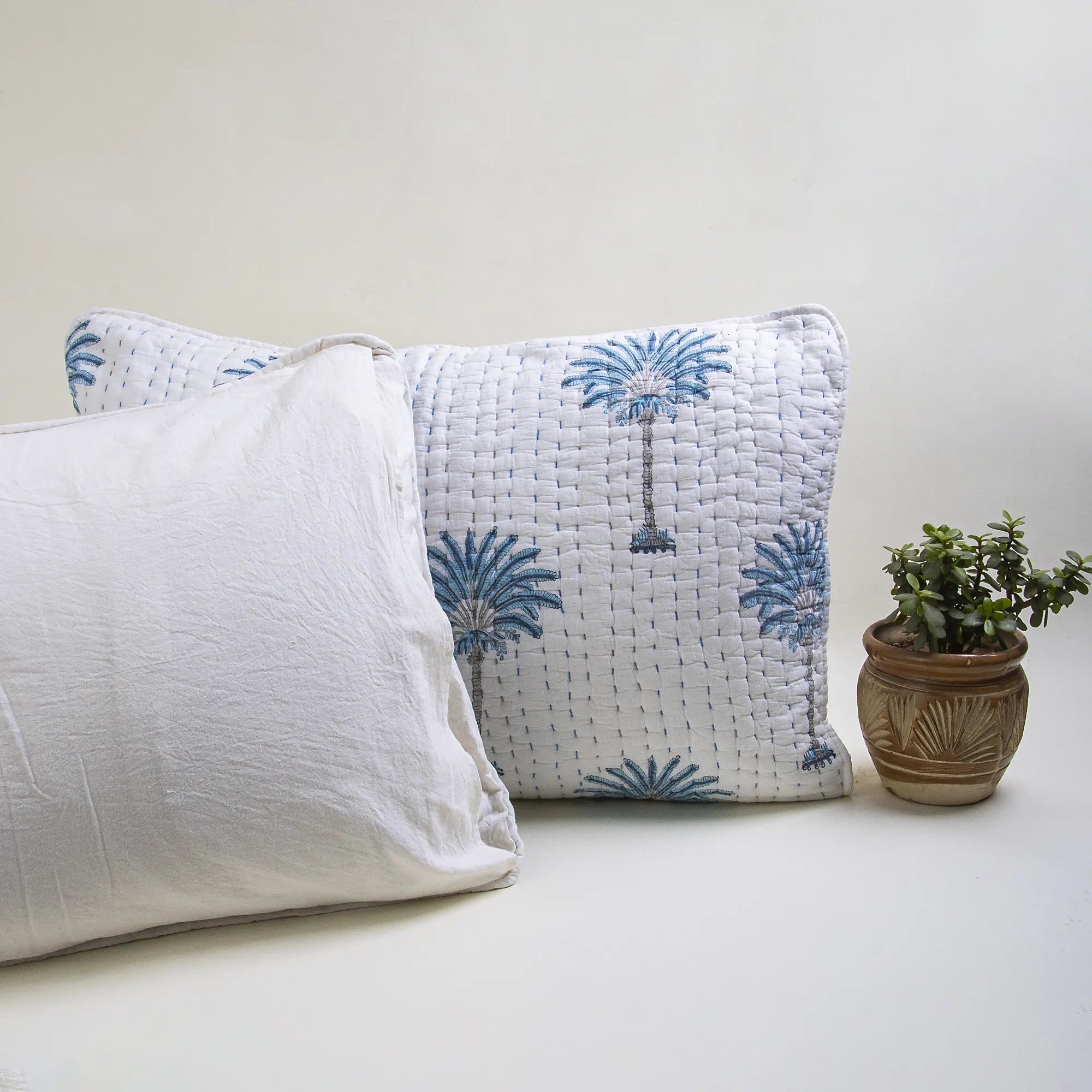 Kantha Blue Palm Print Pure Cotton Pillow Covers