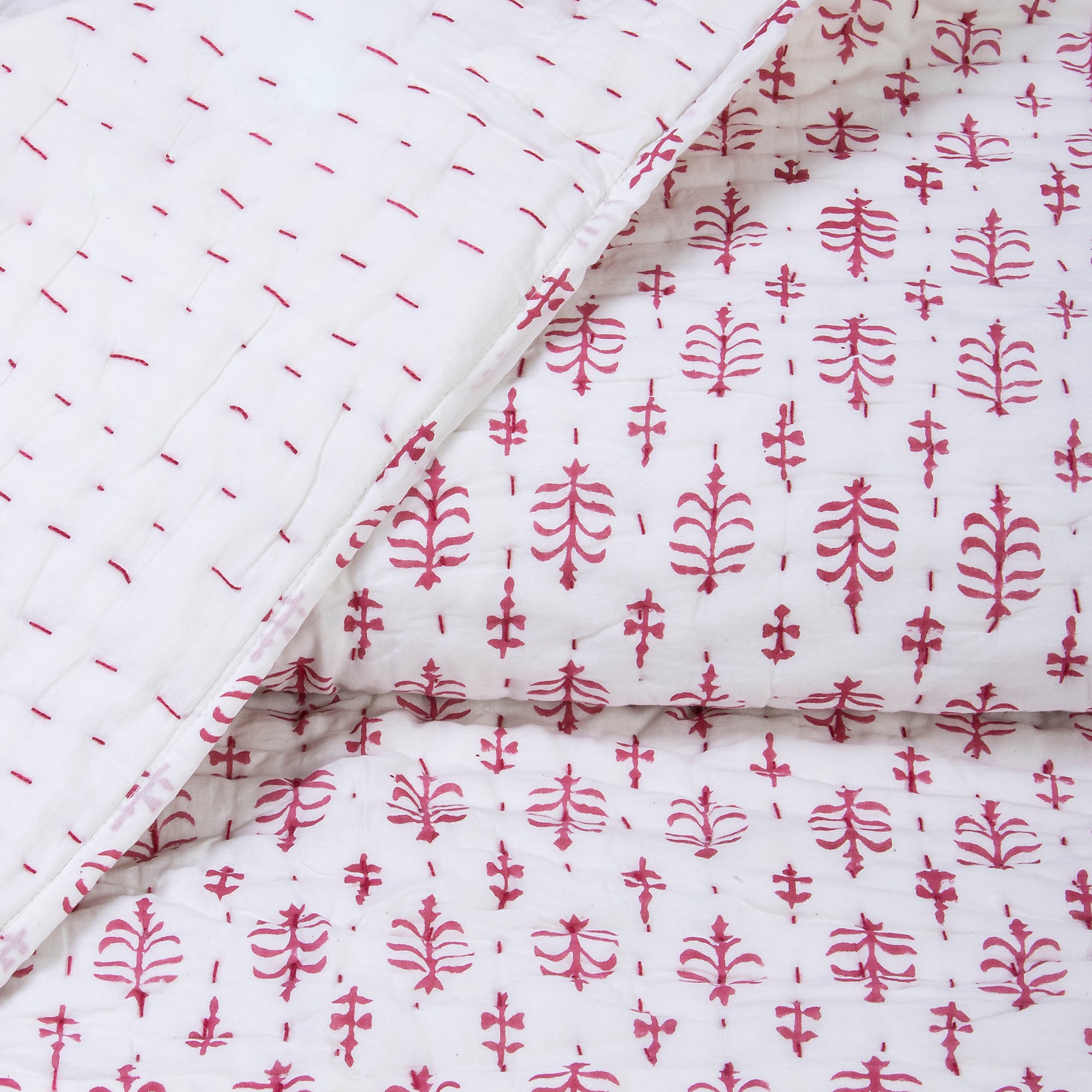 Pink Floral Printed Pure Cotton Jaipuri Kantha Quilt