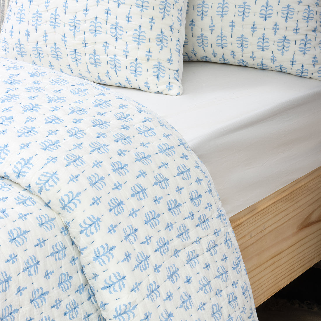 Teal Blue Buti Hand Stitched Block Printed Indian Cotton Kantha Quilts